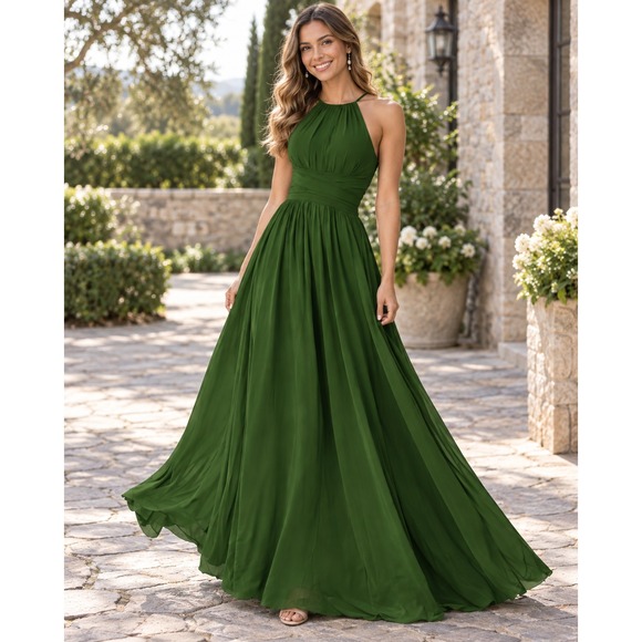 Dresses & Skirts - Forest Green Chiffon Halter Maxi Dress Size 2 Lace Up Formal Homecoming Prom